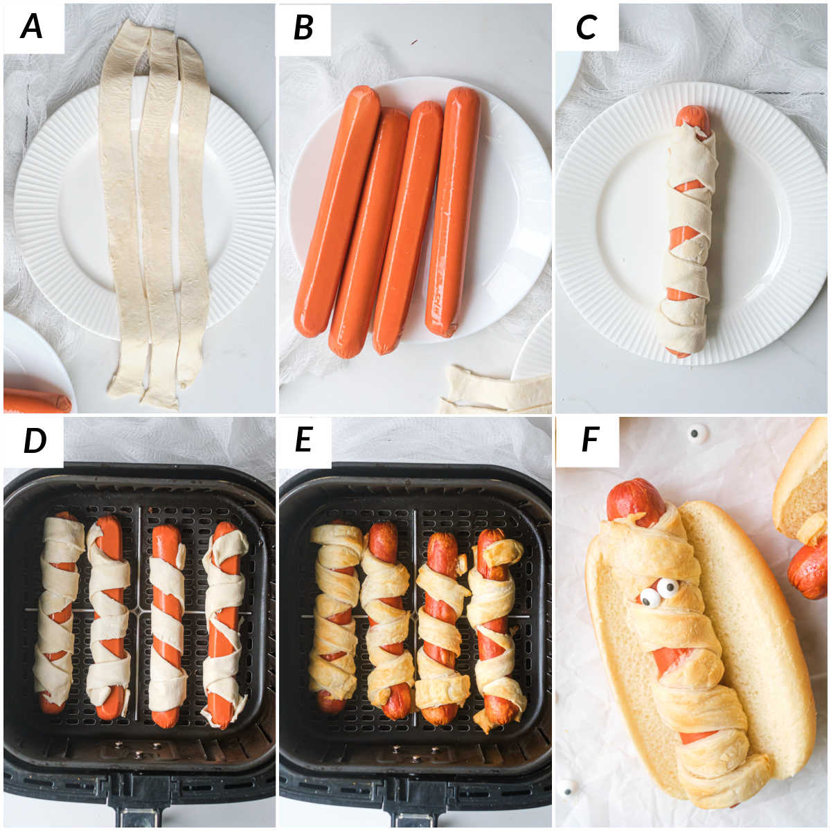 image collage showing the steps for making the air fryer mummy dogs recipe