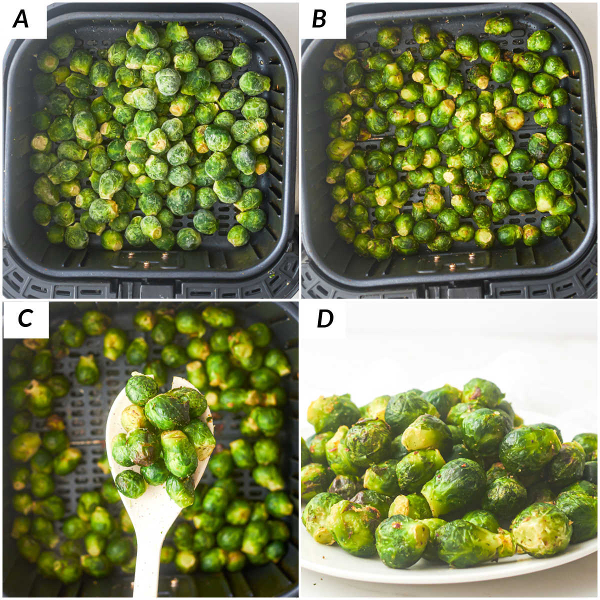 image collage showing the steps for making frozen brussel sprouts air fryer recipe