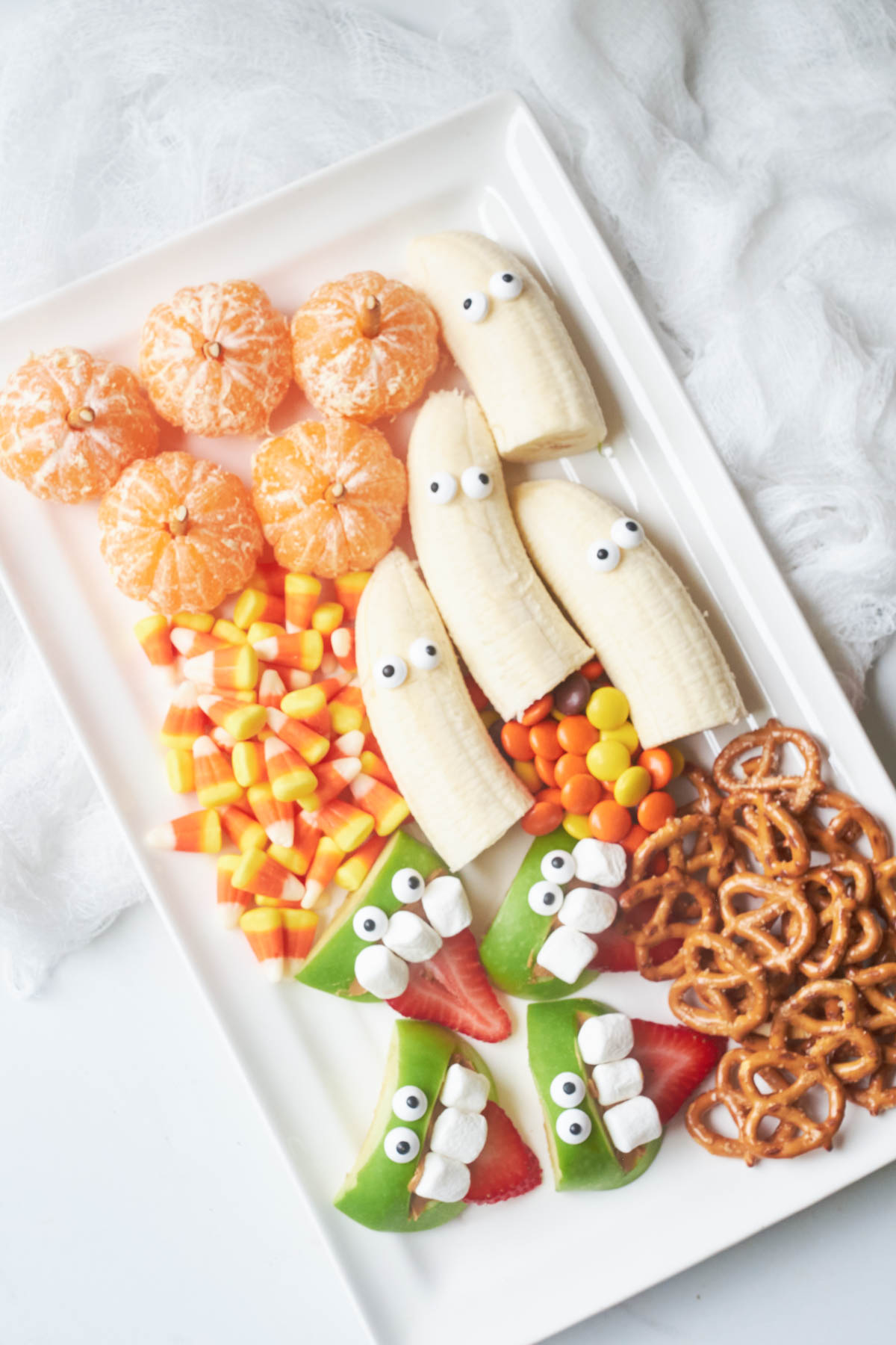 the completed halloween fruit tray ready to be served