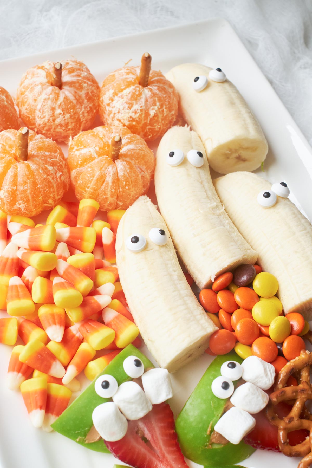 close up view of the assembled halloween fruit tray