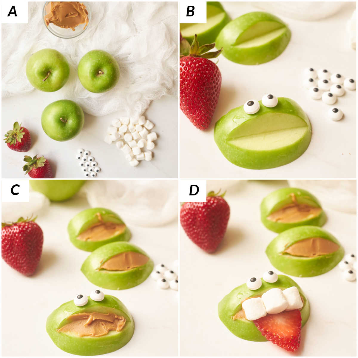 image collage showing the steps for making monster mouths for the halloween fruit tray