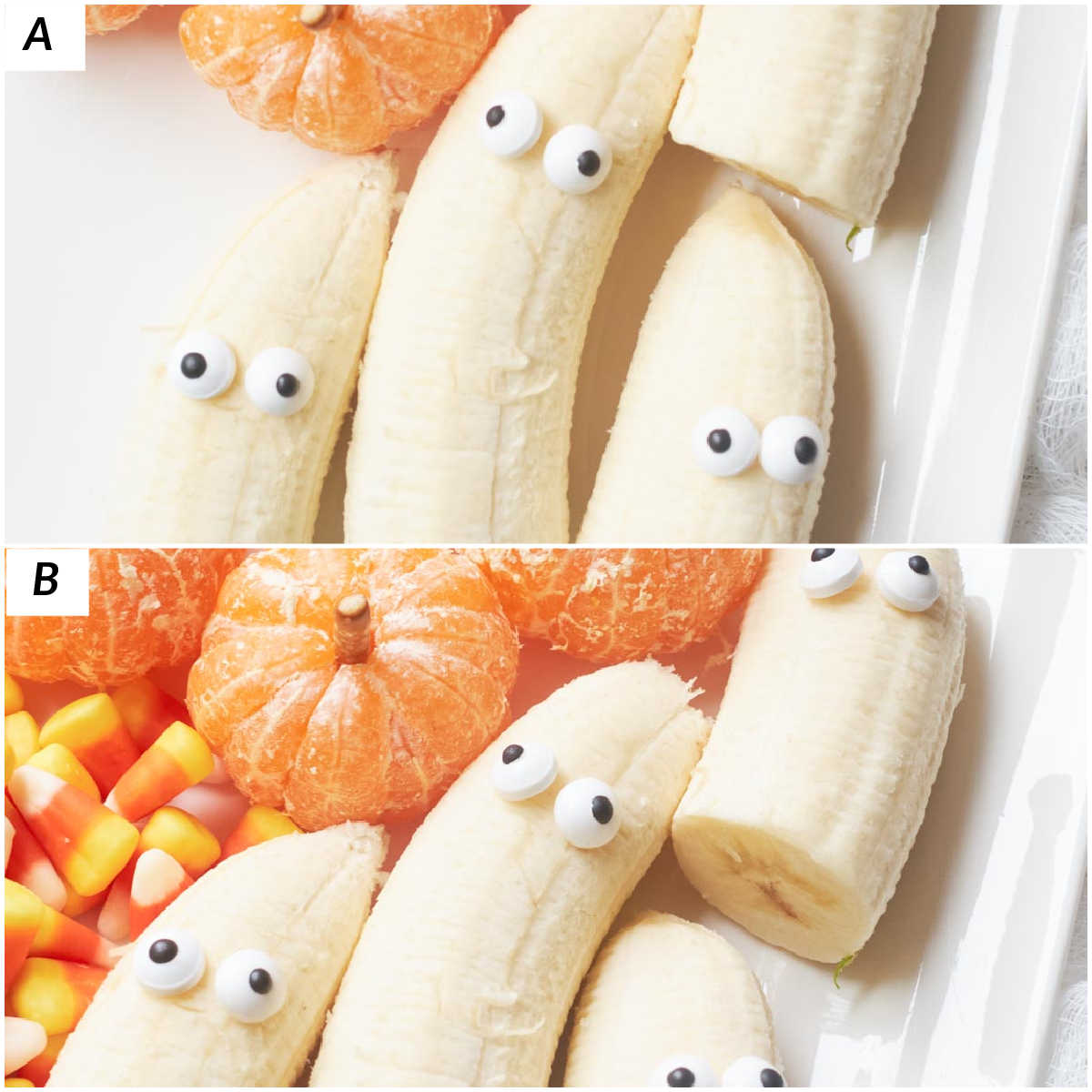 image collage showing the bananas for the halloween fruit tray