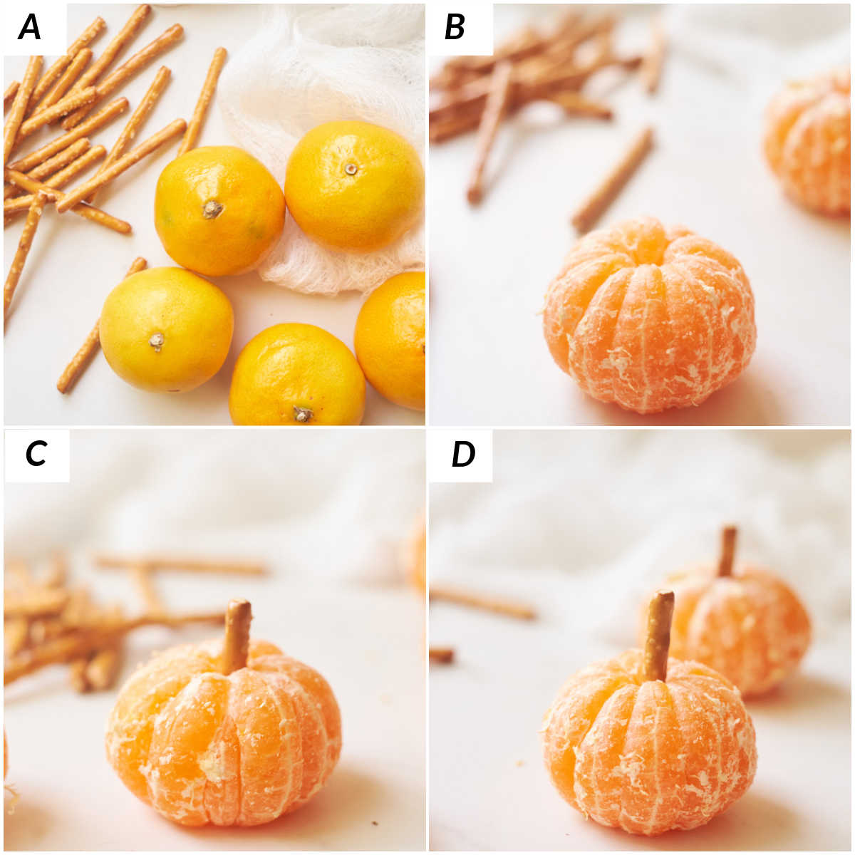 image collage showing how to make mandarin pumpkins for the halloween fruit tray