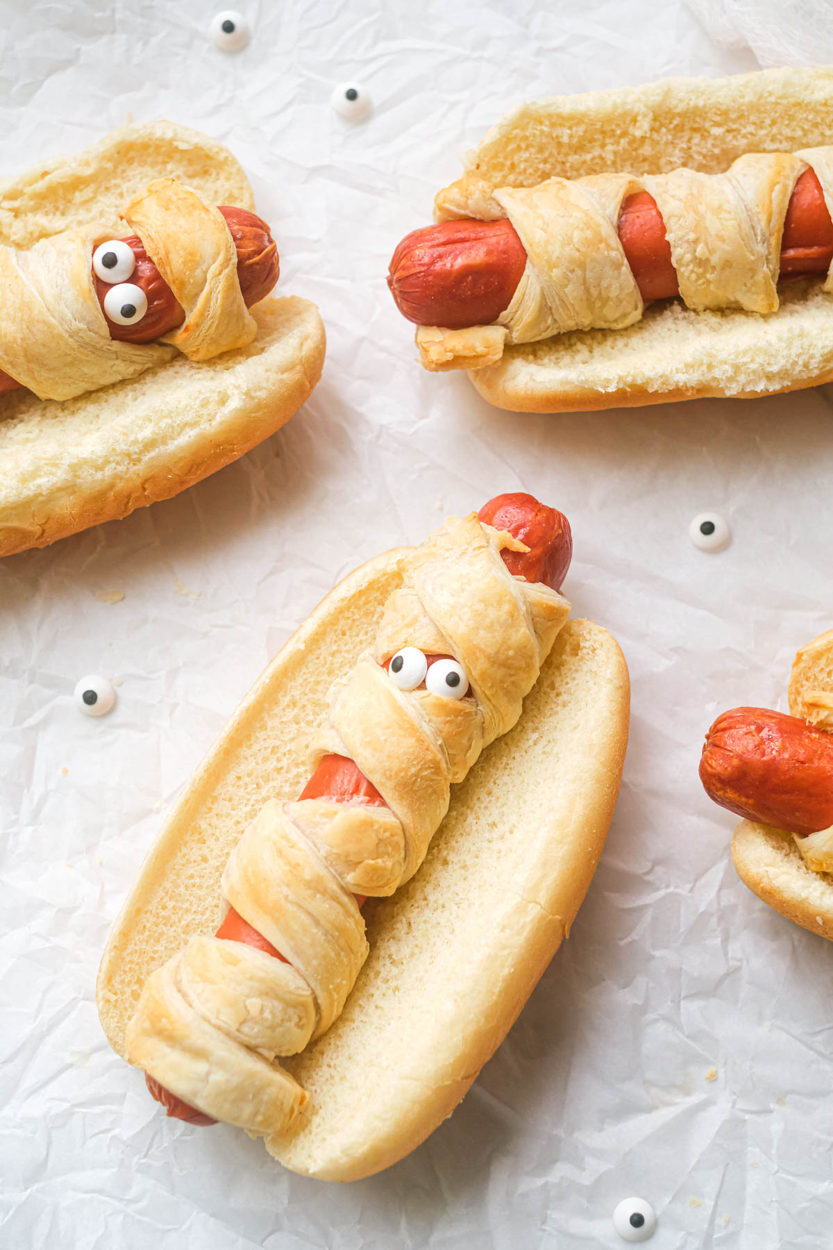top down view of the completed air fryer mummy dogs recipe