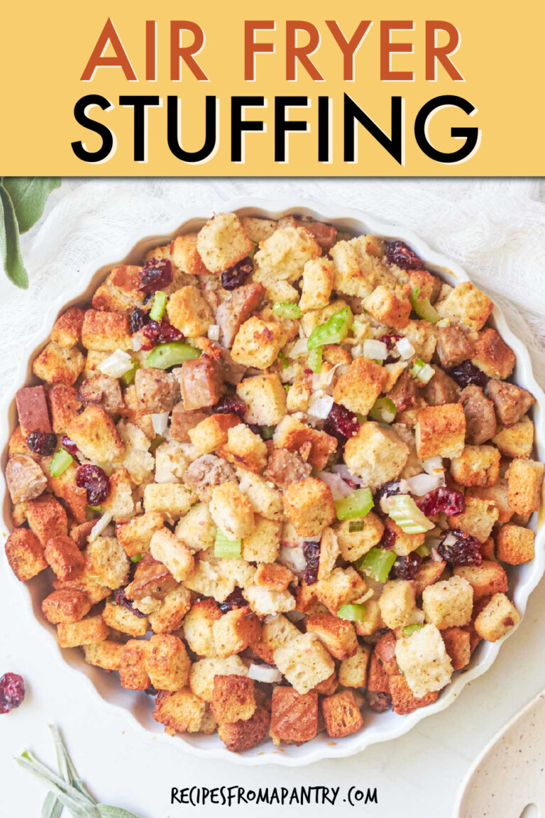 Overhead view of stuffing in a round dish