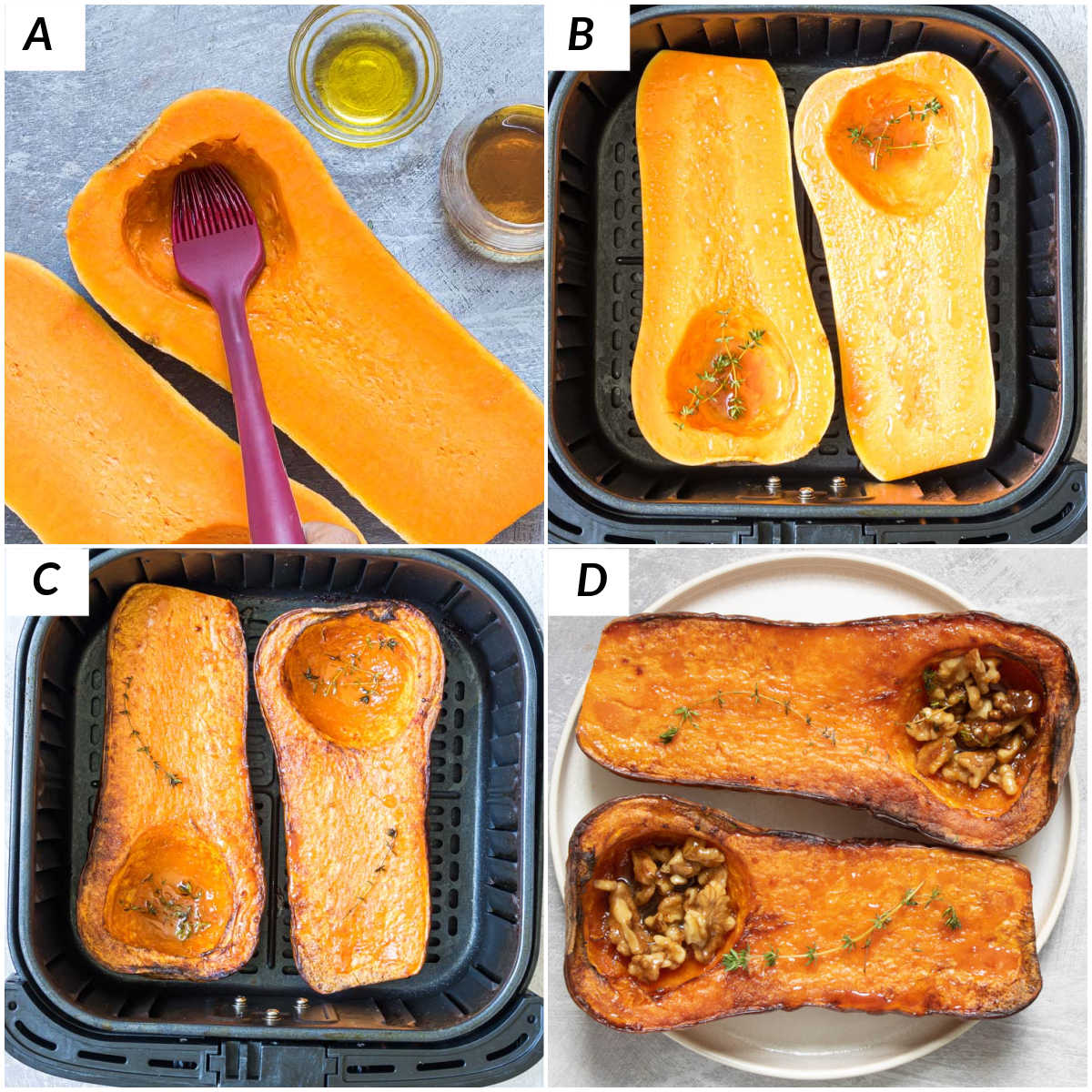 image collage showing the steps for making this air fryer butternut squash recipe