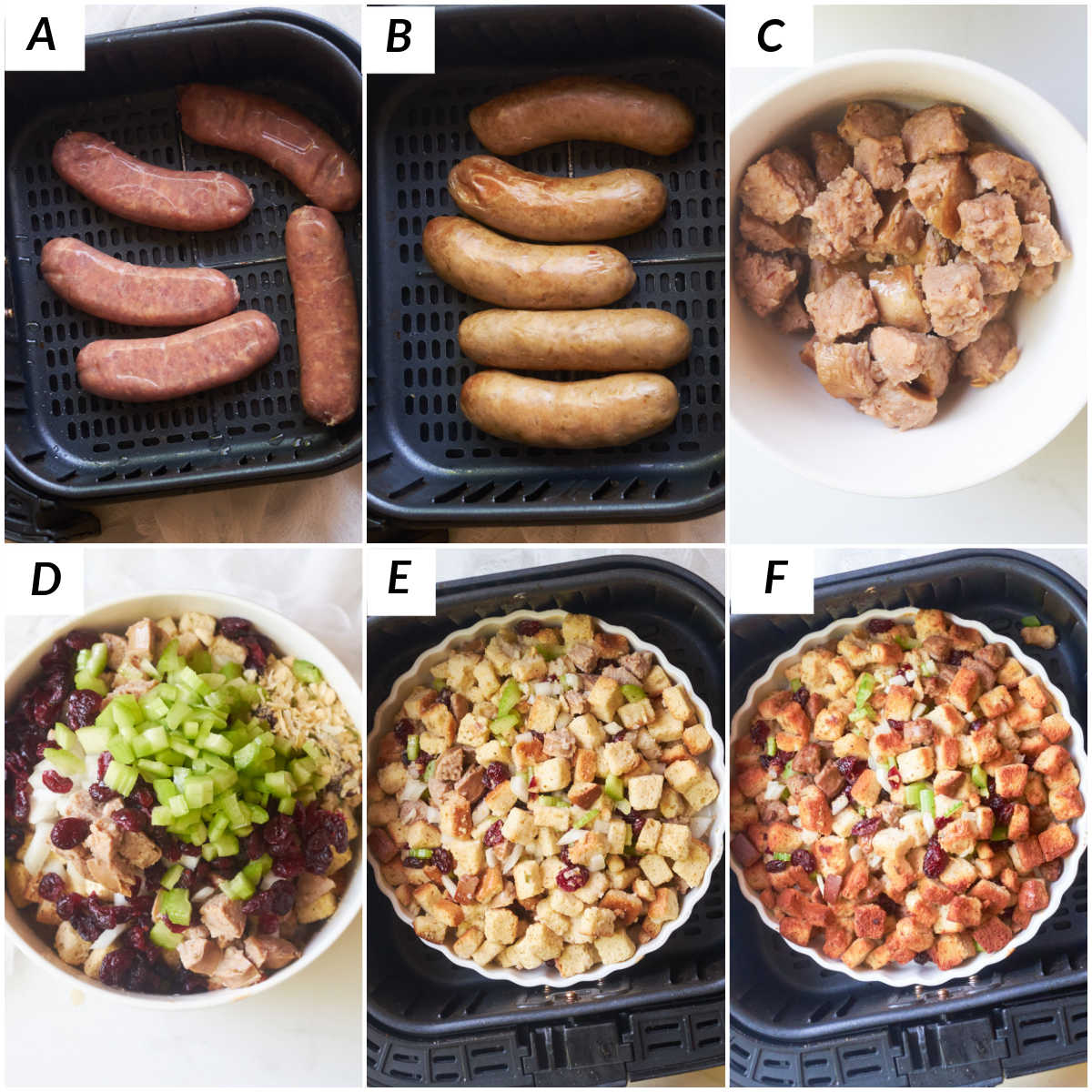 image collage showing the steps for making air fryer stuffing