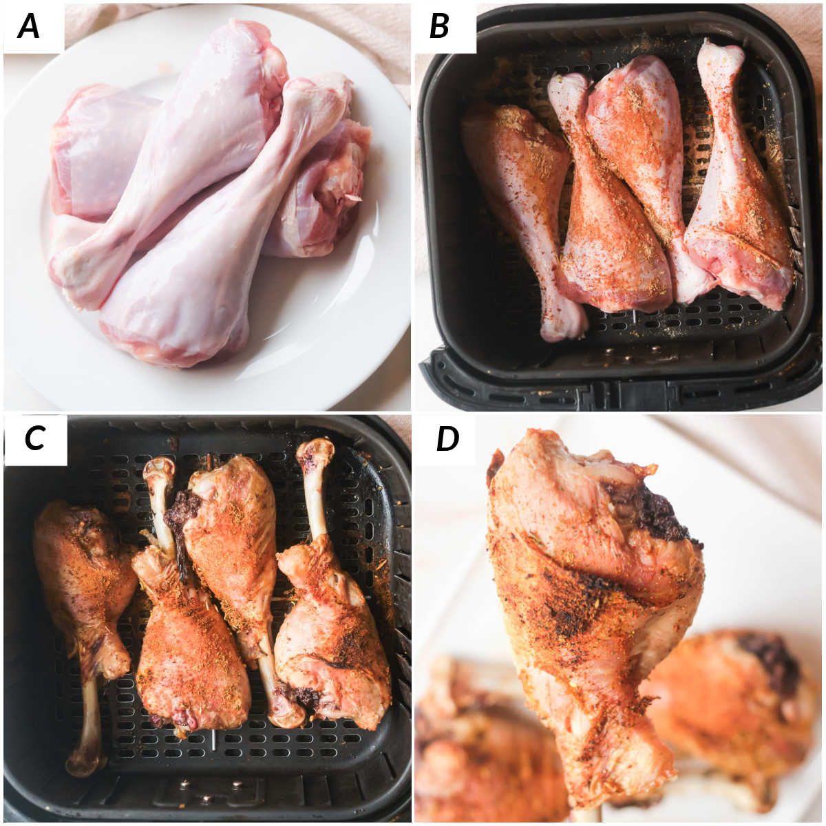 image collage showing the steps for making air fryer turkey legs