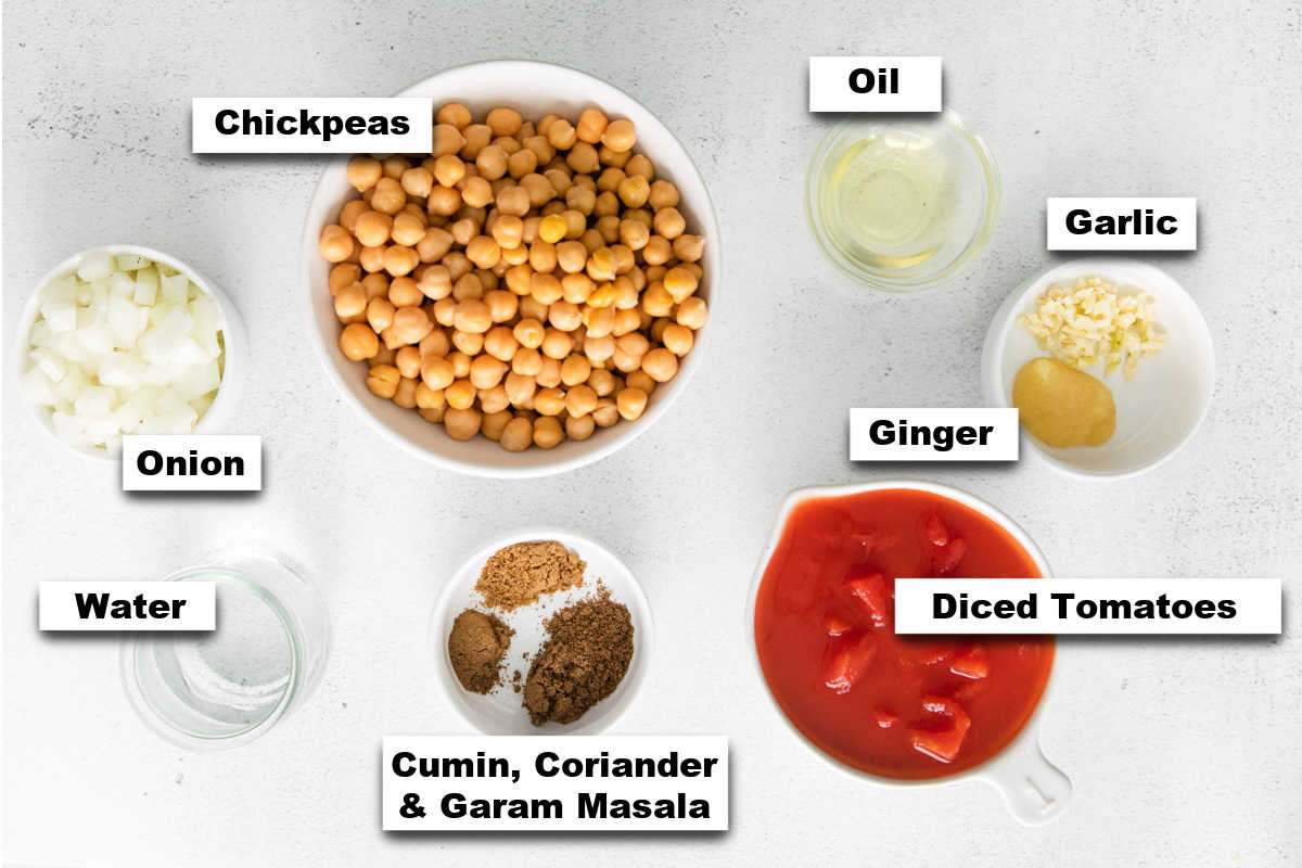 the ingredients needed for making chana masala instant pot