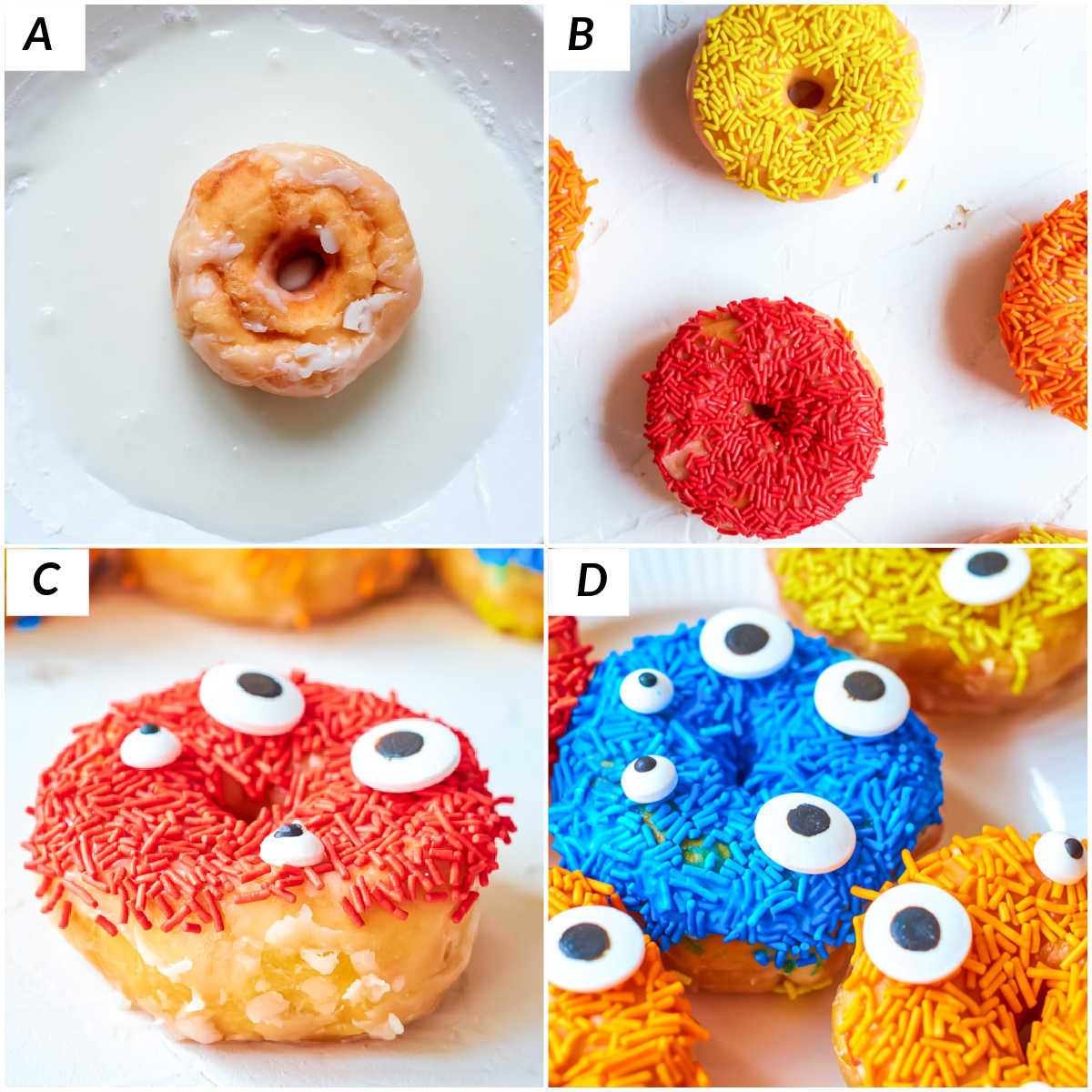 image collage showing the steps for making halloween donuts