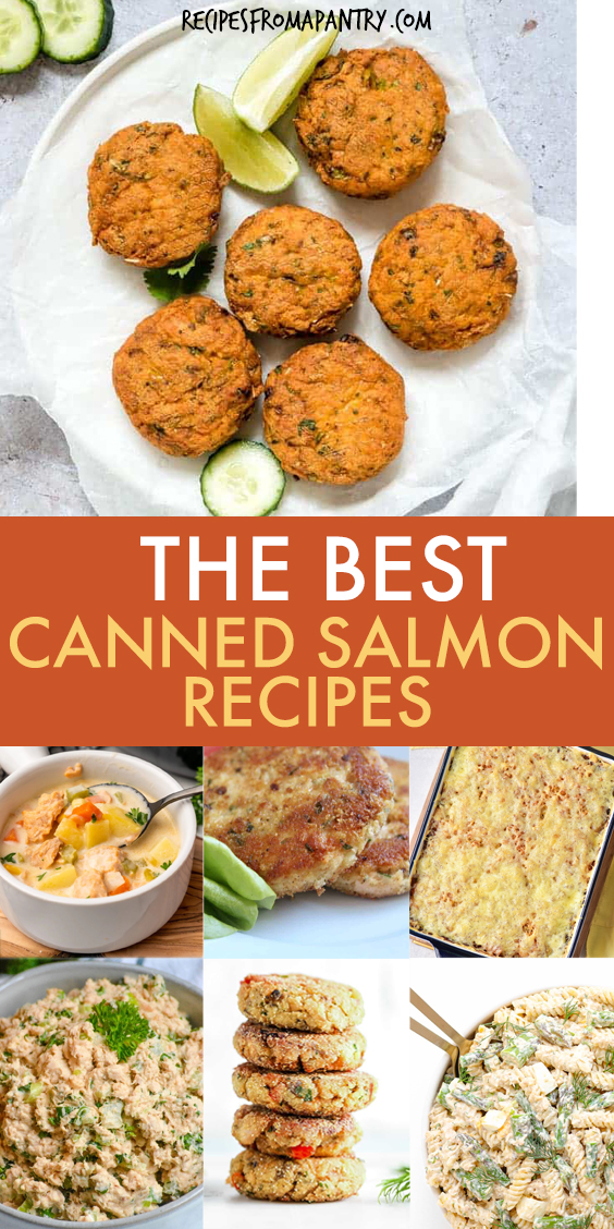 A collage of images of dishes made with canned salmon