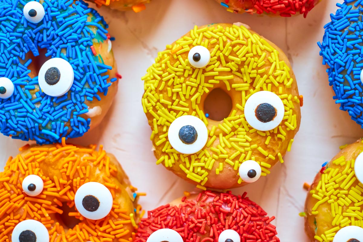 close up view of the finished halloween donuts