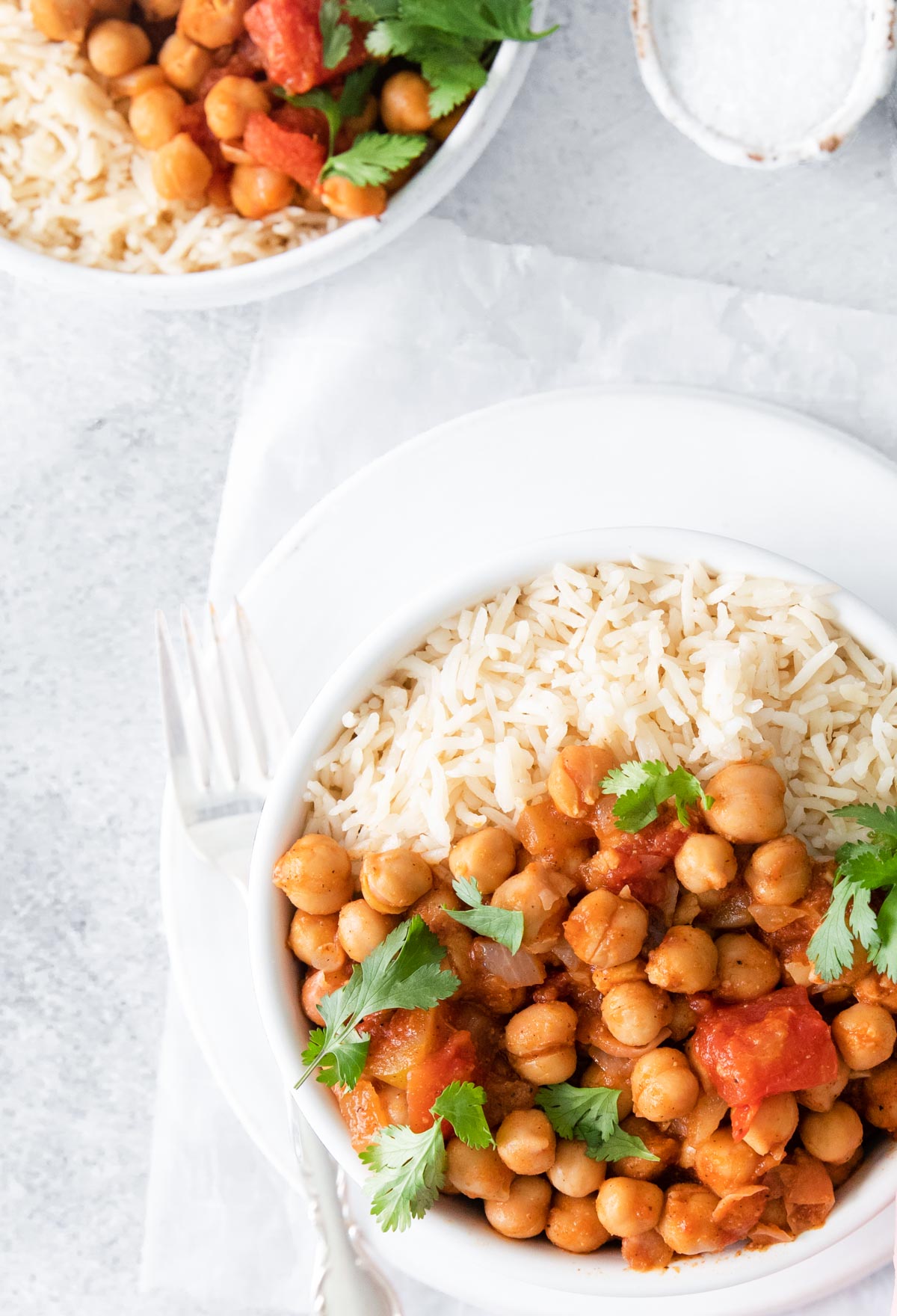 close up view of the chana masala instant pot served with rice