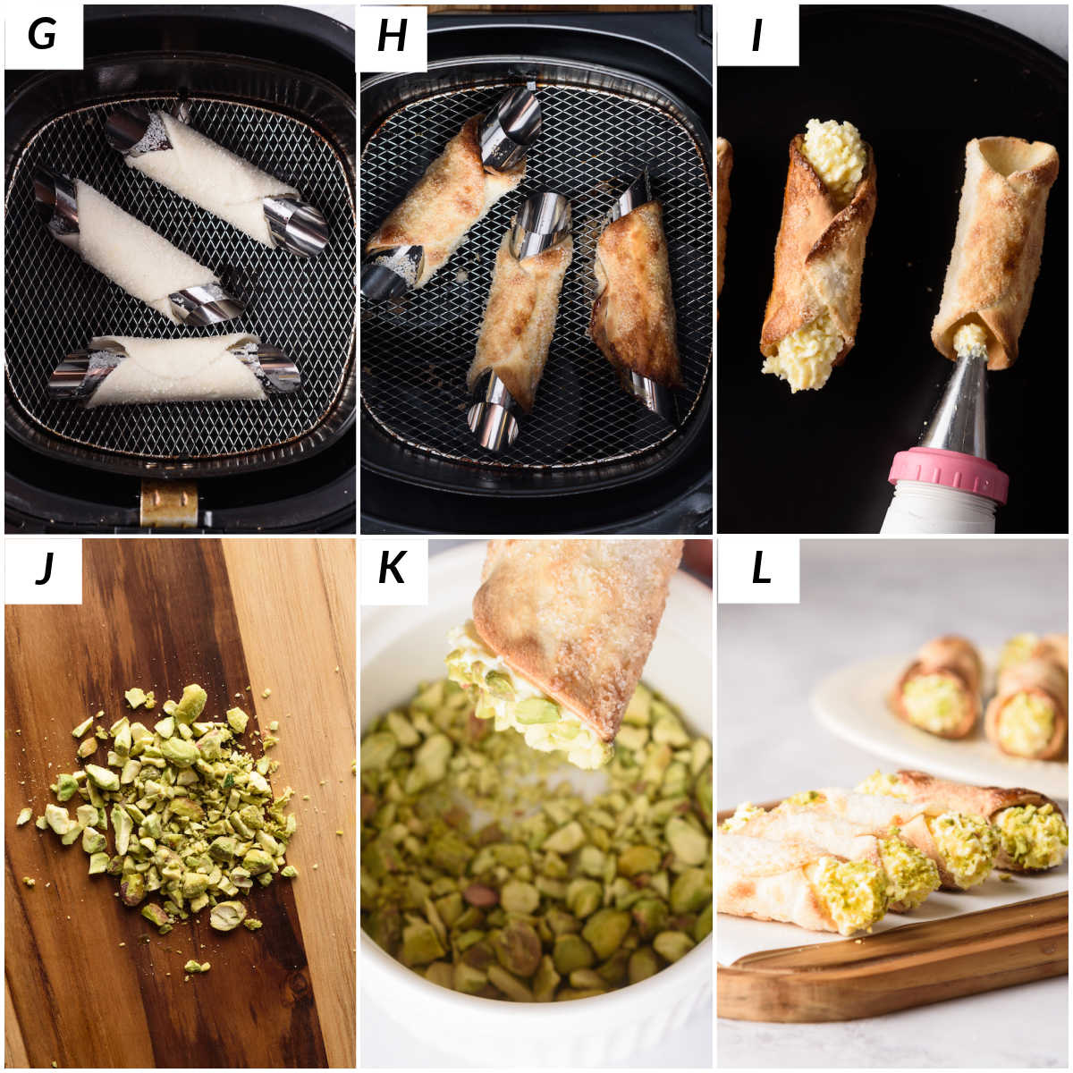 image collage showing the final steps for making air fryer cannoli