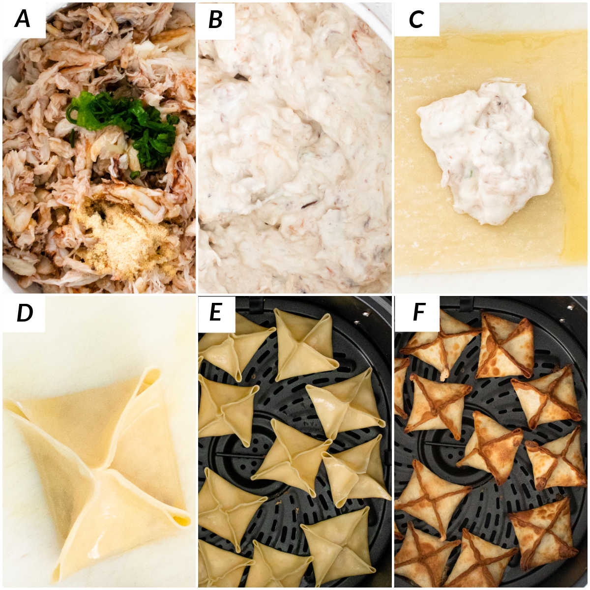 image collage showing the steps for making crab rangoons air fryer