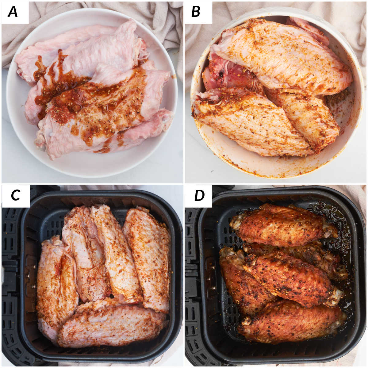 image collage showing the steps for making turkey wings in air fryer