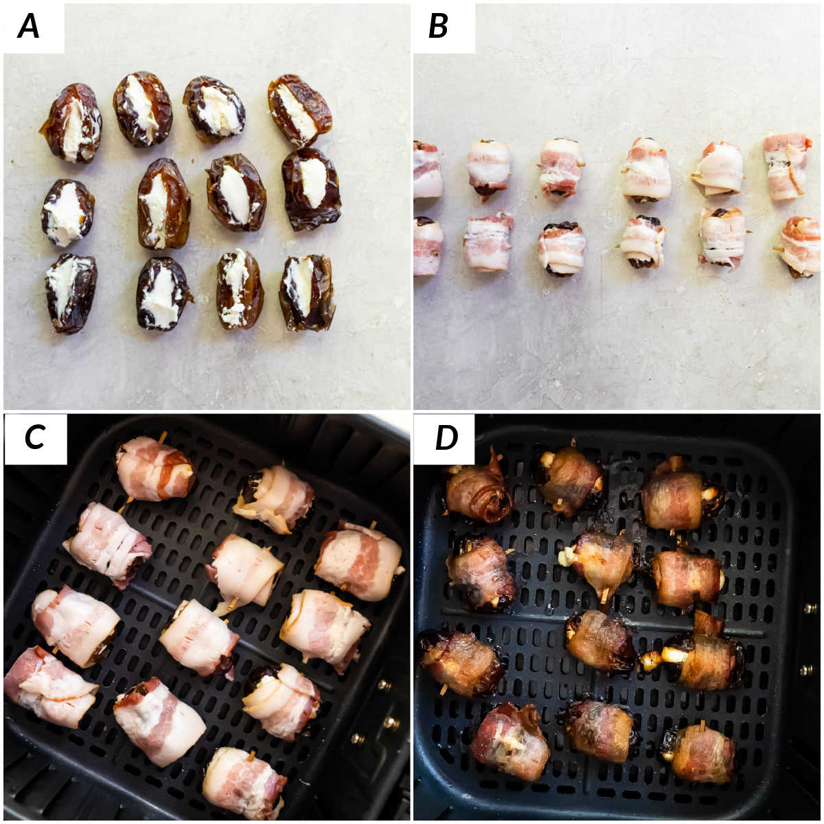 image collage showing the steps for making bacon wrapped dates air fryer