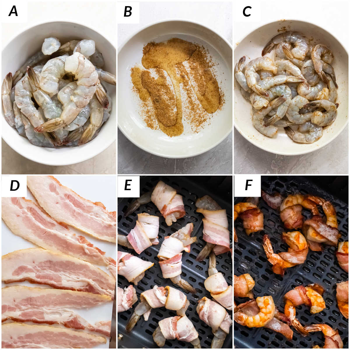 image collage showing the steps for making bacon wrapped shrimp air fryer