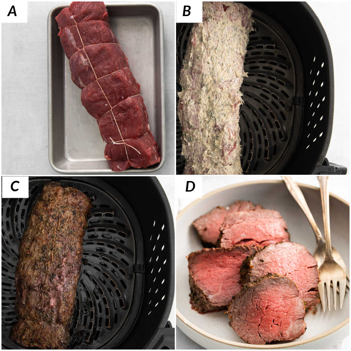 image collage showing some of the steps for making beef tenderloin in air fryer