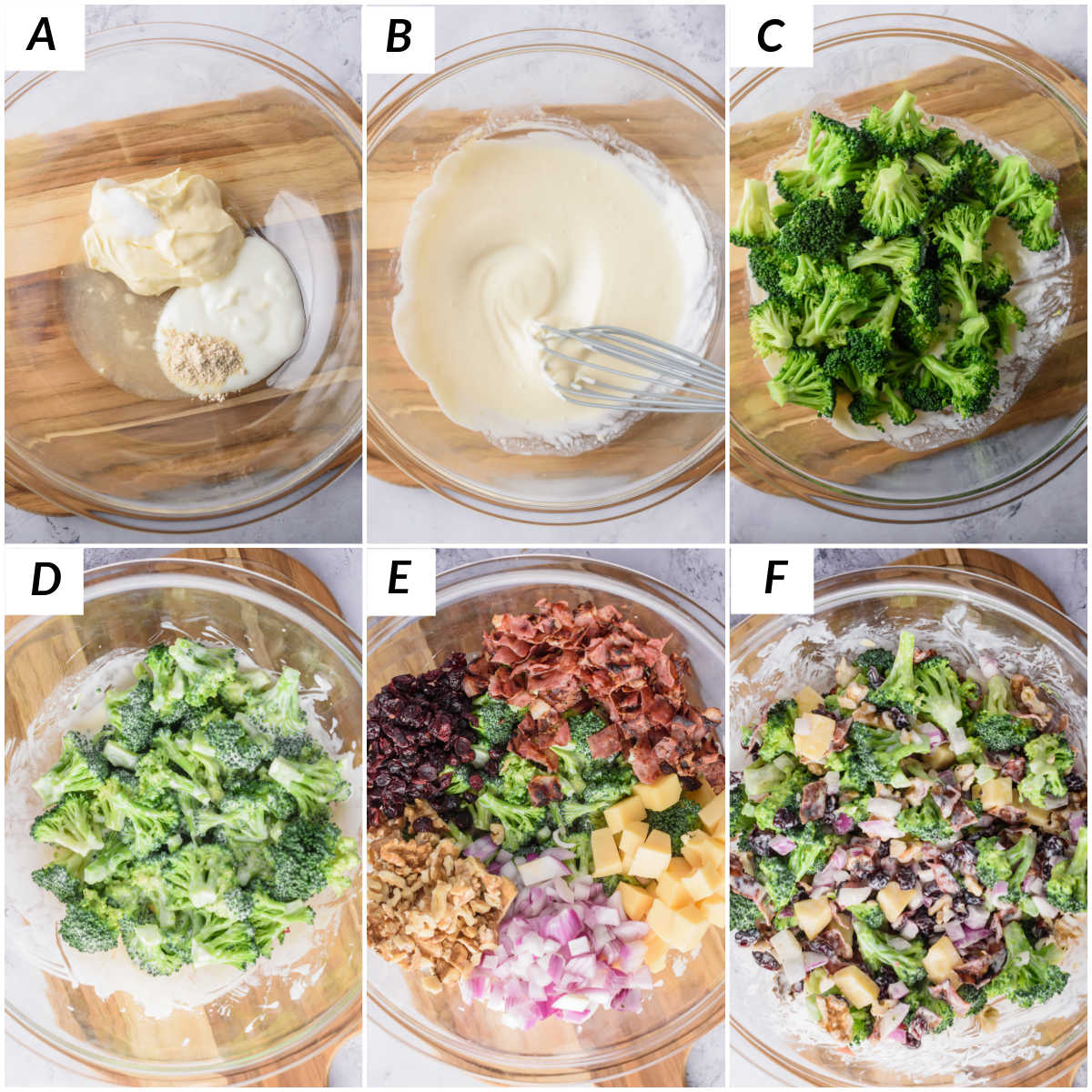 image collage showing the steps for making broccoli cranberry salad