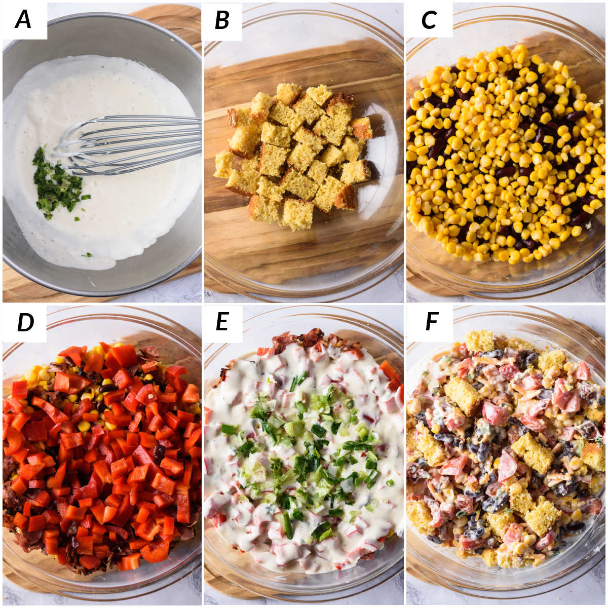 image collage showing the steps for making this cornbread salad recipe
