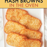 Six cooked hash brown patties on a square plate