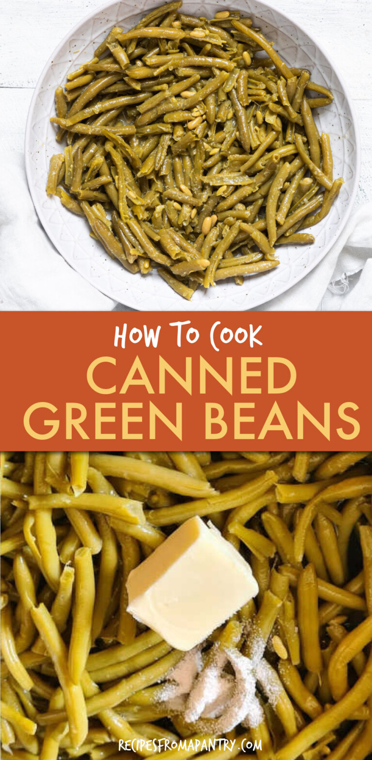 two images of canned green beans in a dish and being cooked with butter.