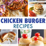A collage of images of different types of chicken burgers.