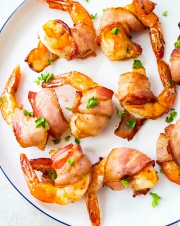 the finished bacon wrapped shrimp air fryer recipe
