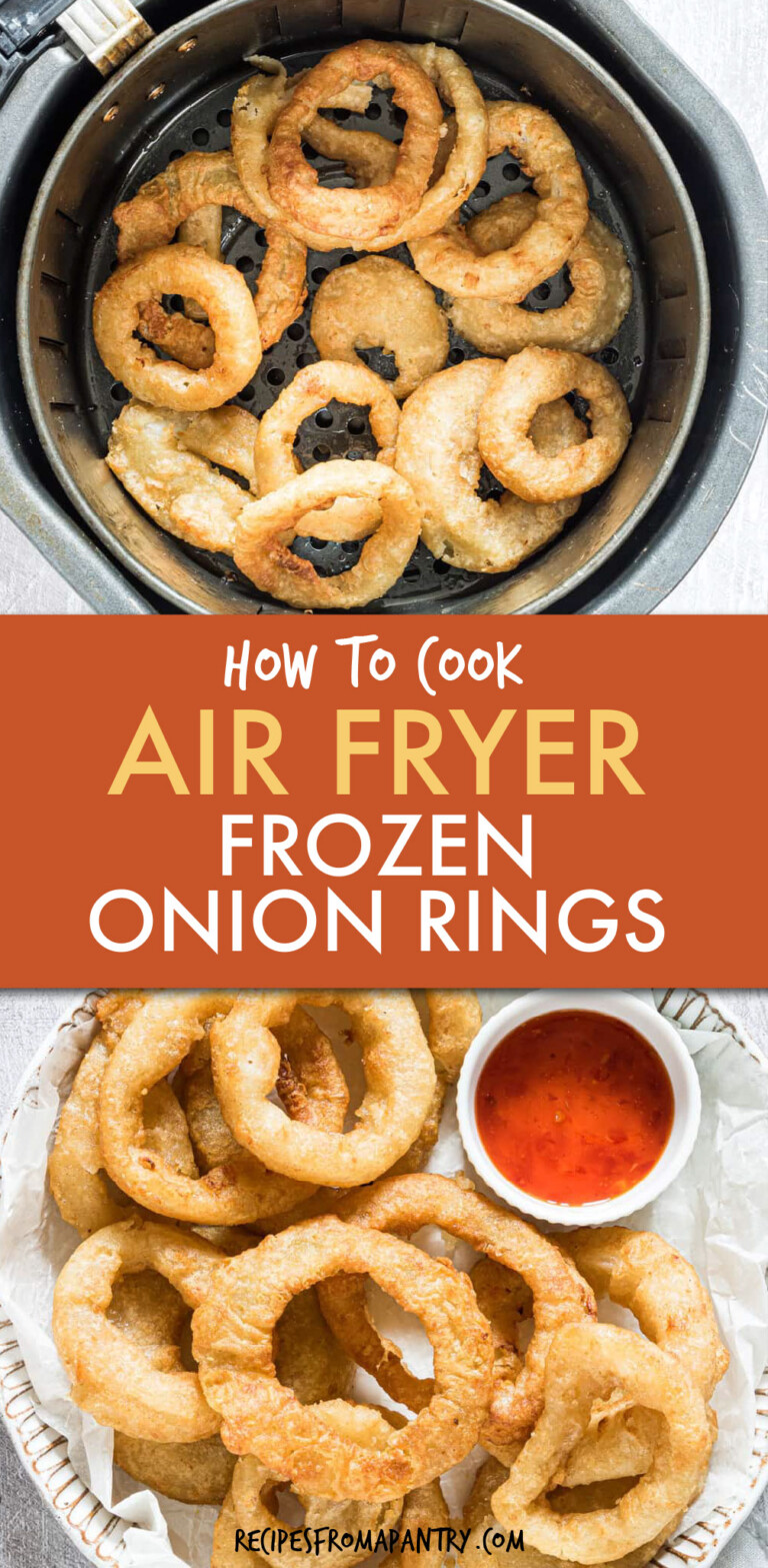 two pics of onion rings, one in an air fryer and one on a plate