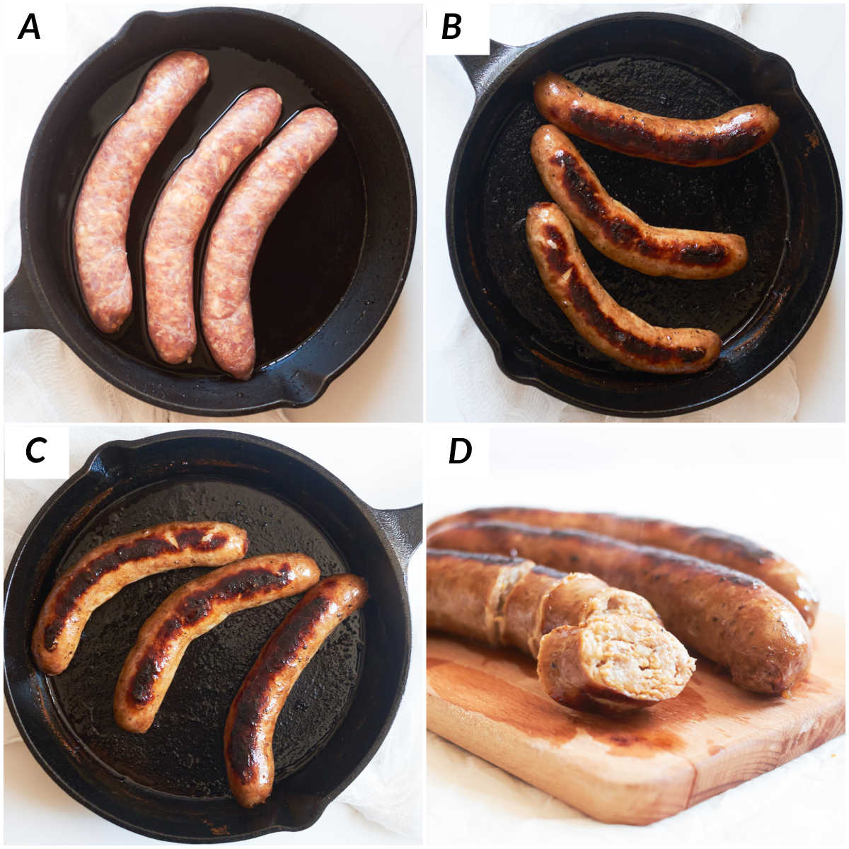 image collage showing the steps for making italian sausages on stove