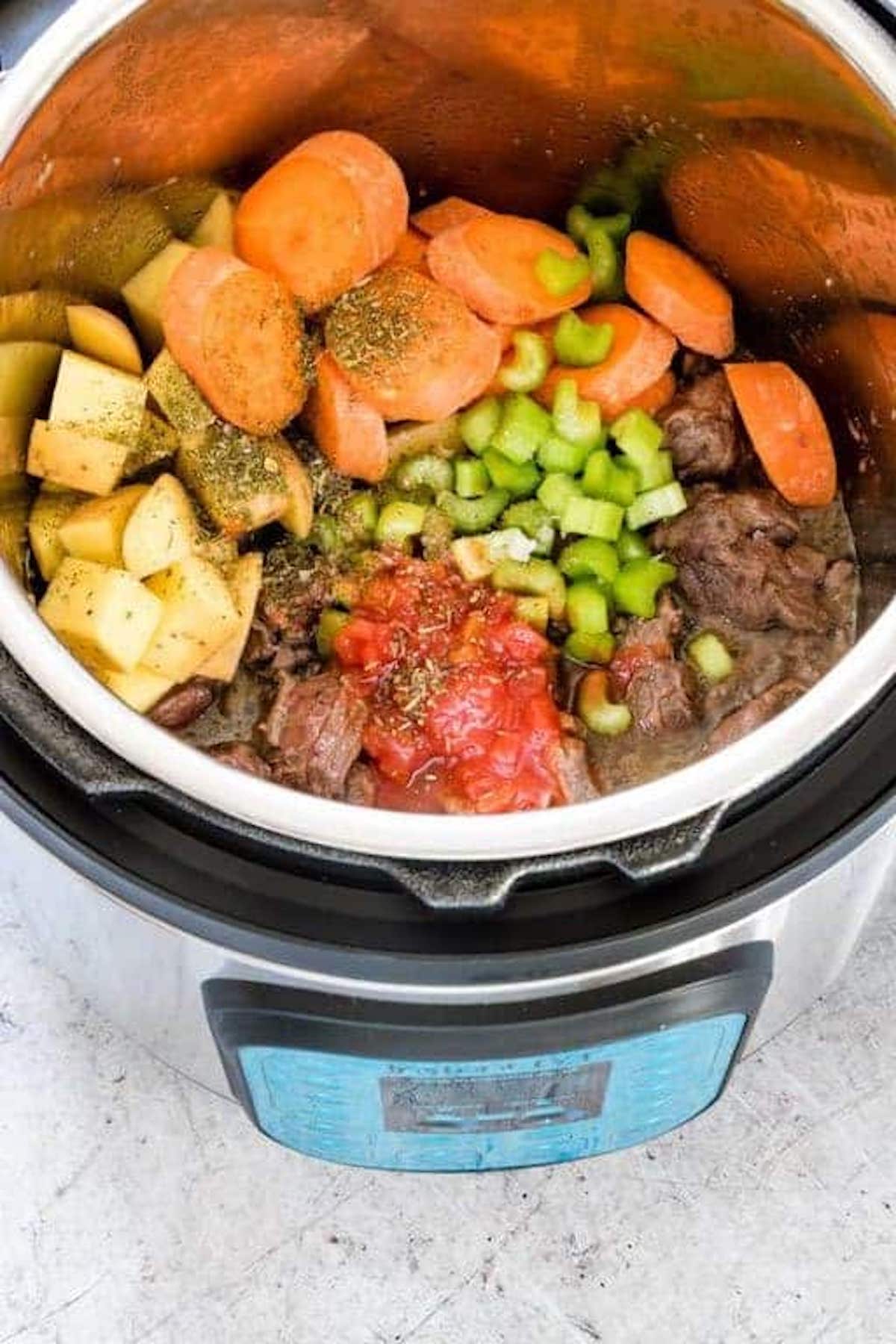top down view of the instant pot beef stew ingredients inside the instant pot