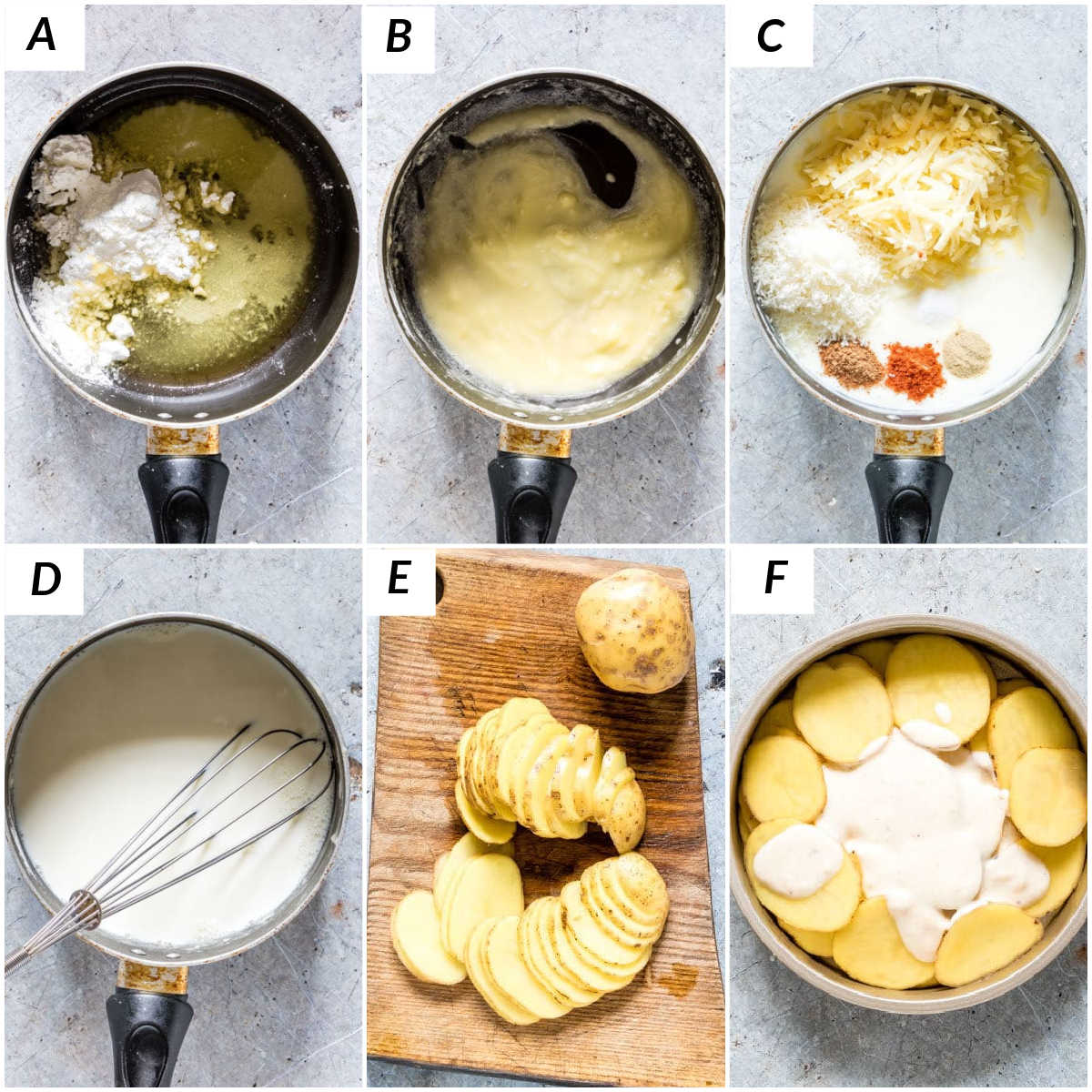 image collage showing the first batch of steps for making instant pot scalloped potatoes