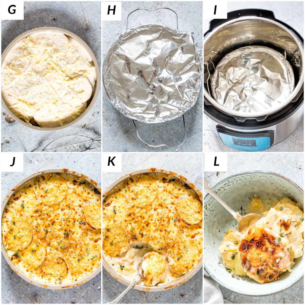 image collage showing the final set of steps for making instant pot scalloped potatoes