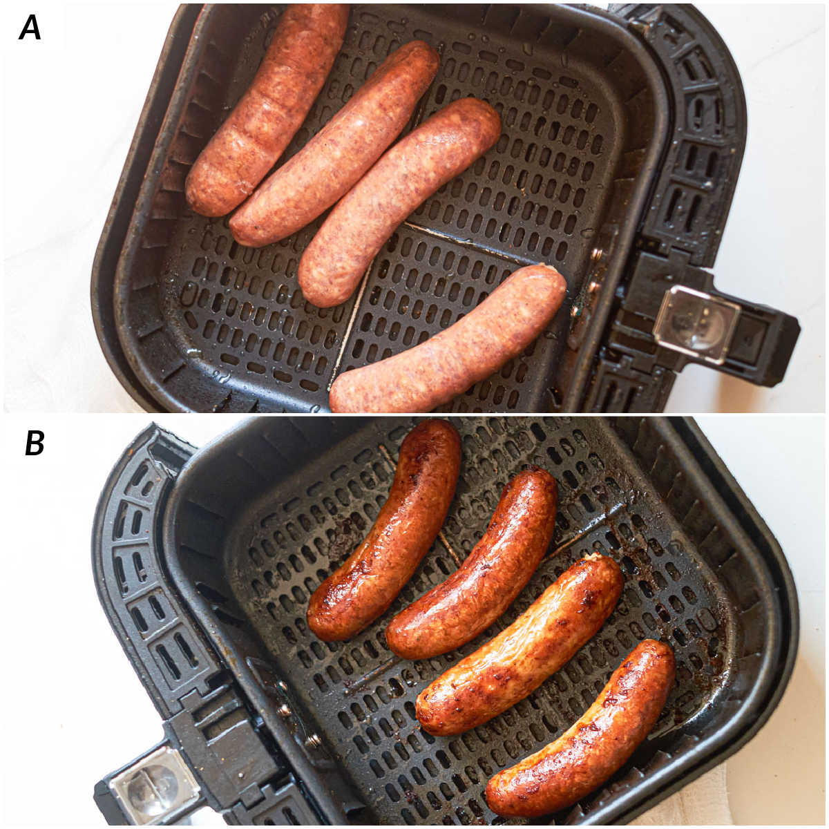 image collage showing the steps for how to cook Italian Sausage in Air Fryer