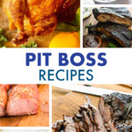 A collage of images of dishes made in a Pit Boss smoker.