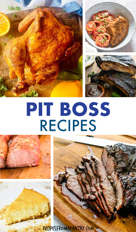 A collage of images of dishes made in a Pit Boss smoker.