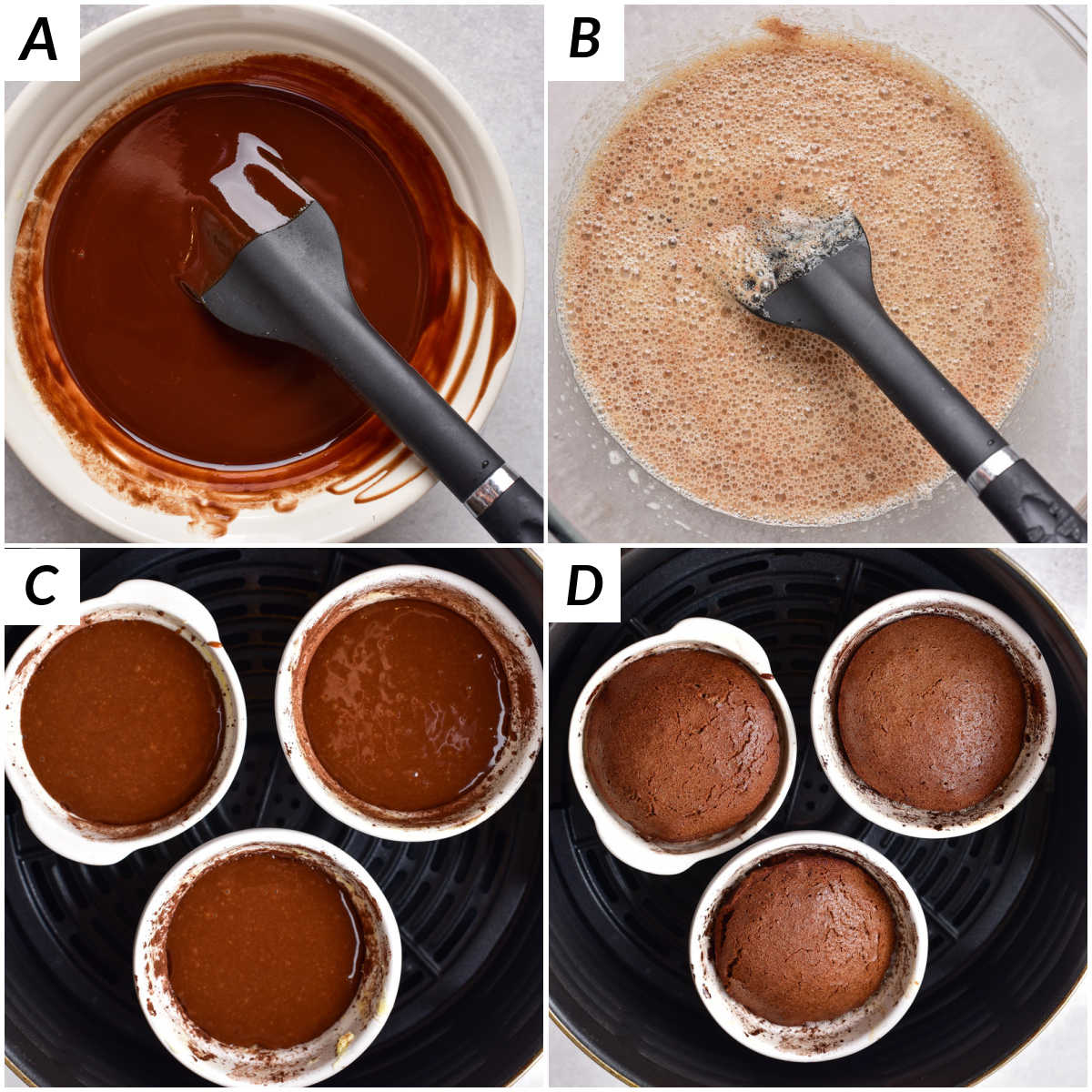 image collage showing some of the steps for making air fryer chocolate lava cake
