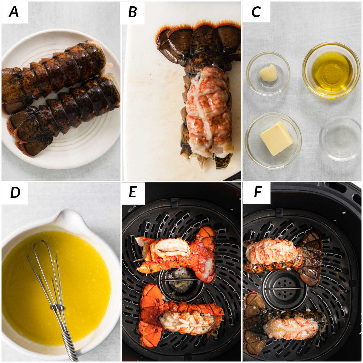 image collage showing the steps for making ai fryer lobster tail