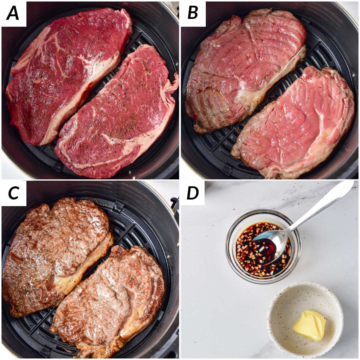 image collage showing the steps for making air fryer steak