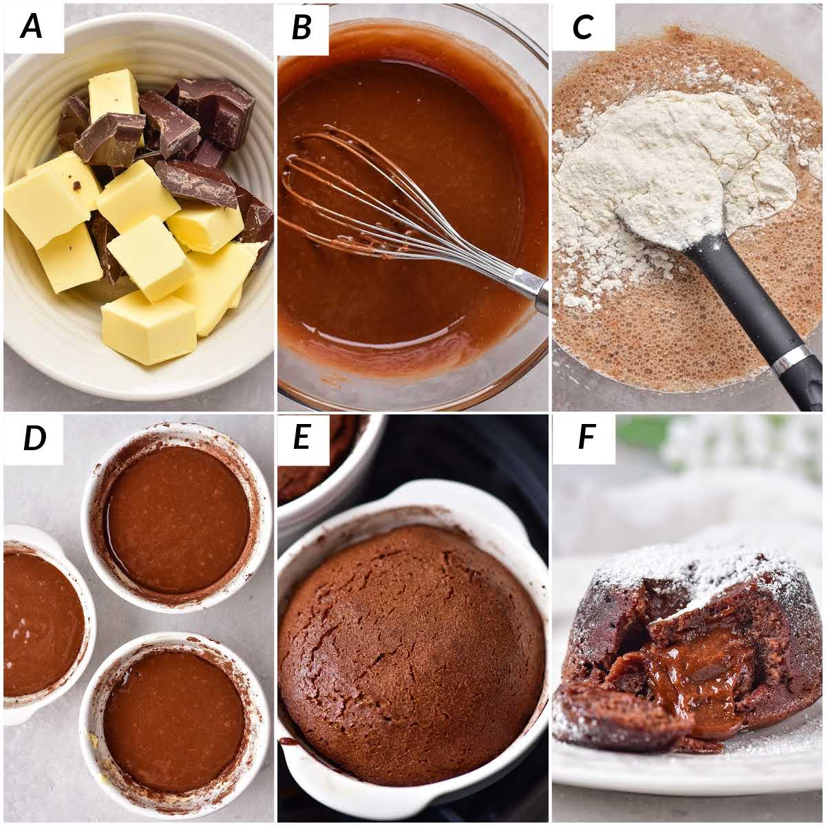image collage showing the steps for making chocolate lava cake