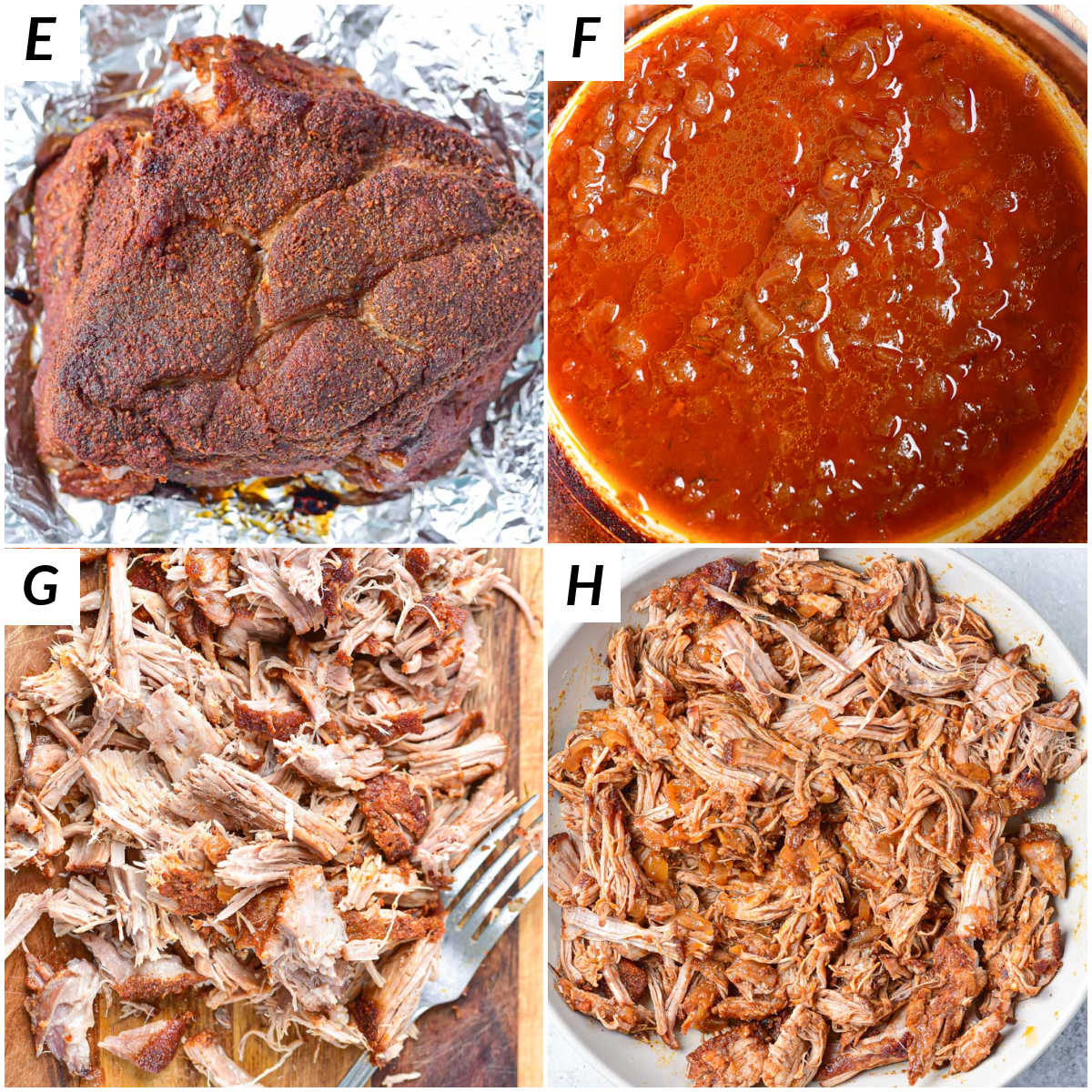 image collage showing the final steps for making dutch oven pulled pork