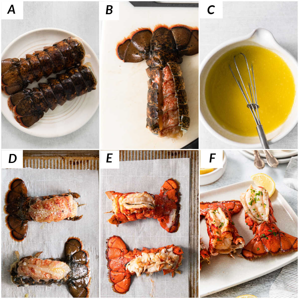 image collage showing the steps for how to cook lobster tails in the oven