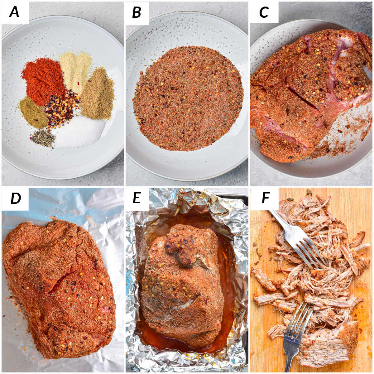 image collage showing the steps for how to make pulled pork on charcoal grill