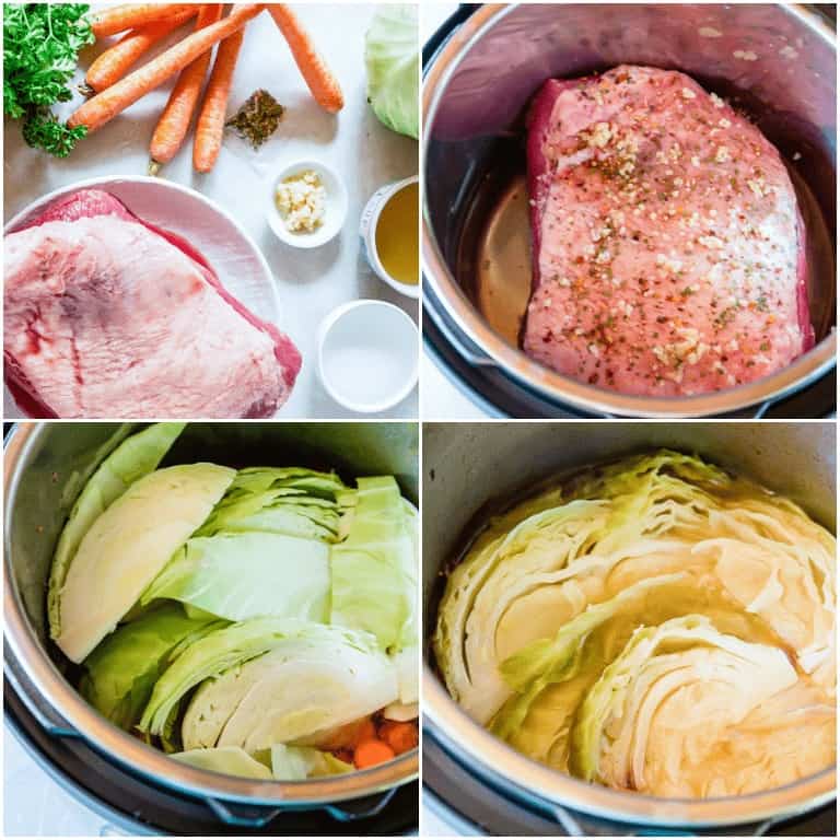 image collage showing the steps for making Instant Pot Corned Beef and Cabbage