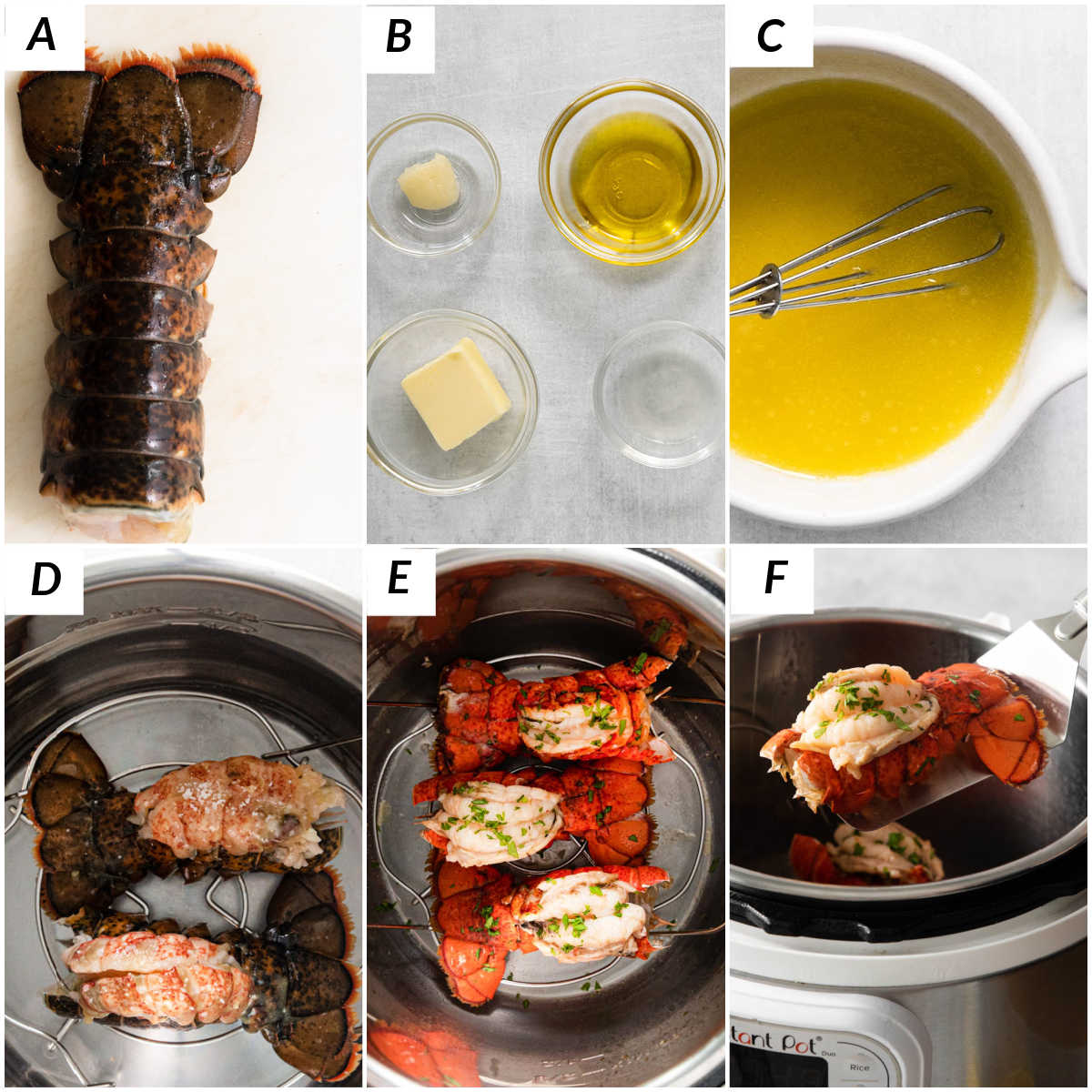 image collage showing the steps for making instant pot lobster tail