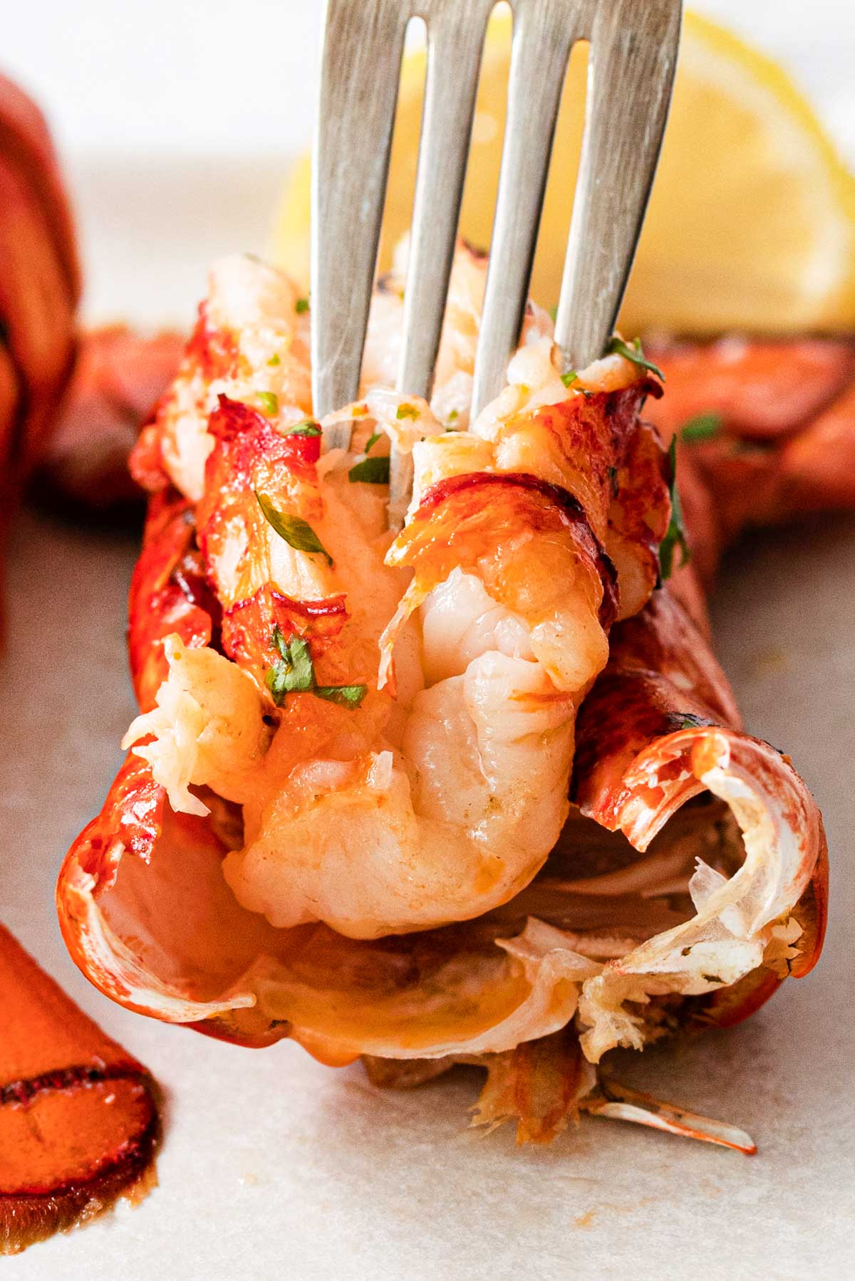 close up view of a fork inserted into one lobster tail