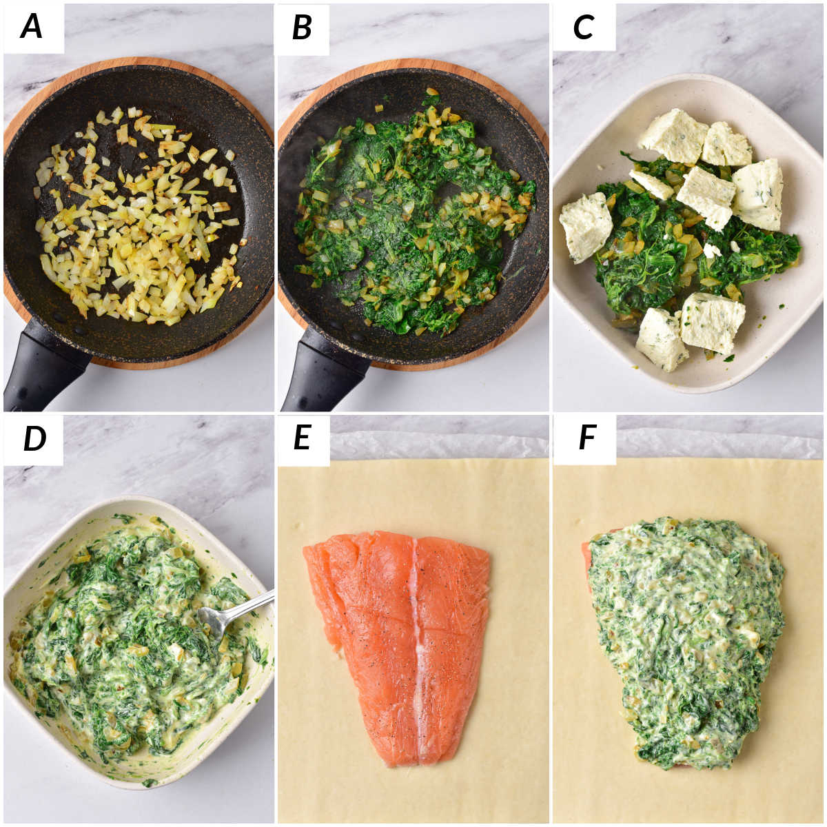 image collage showing the first several steps for making salmon wellington