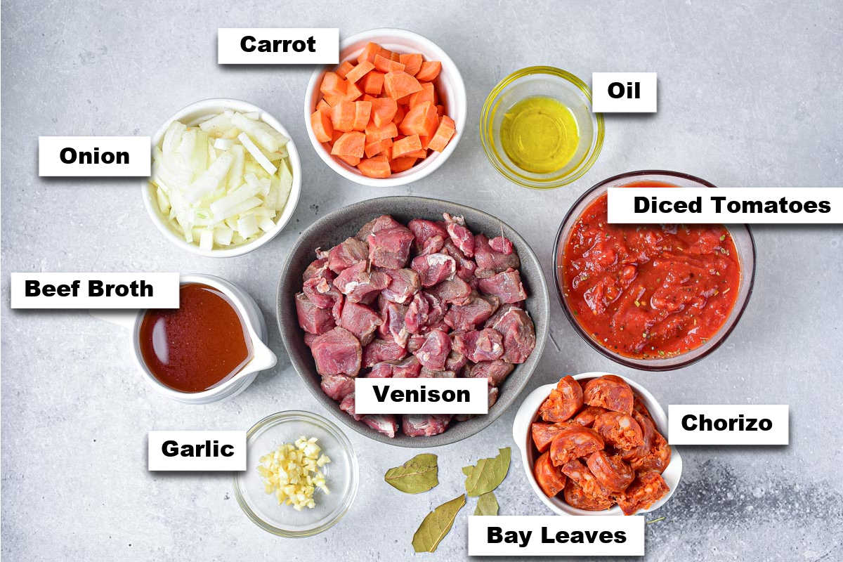 the ingredients needed for making slow cooker venison stew