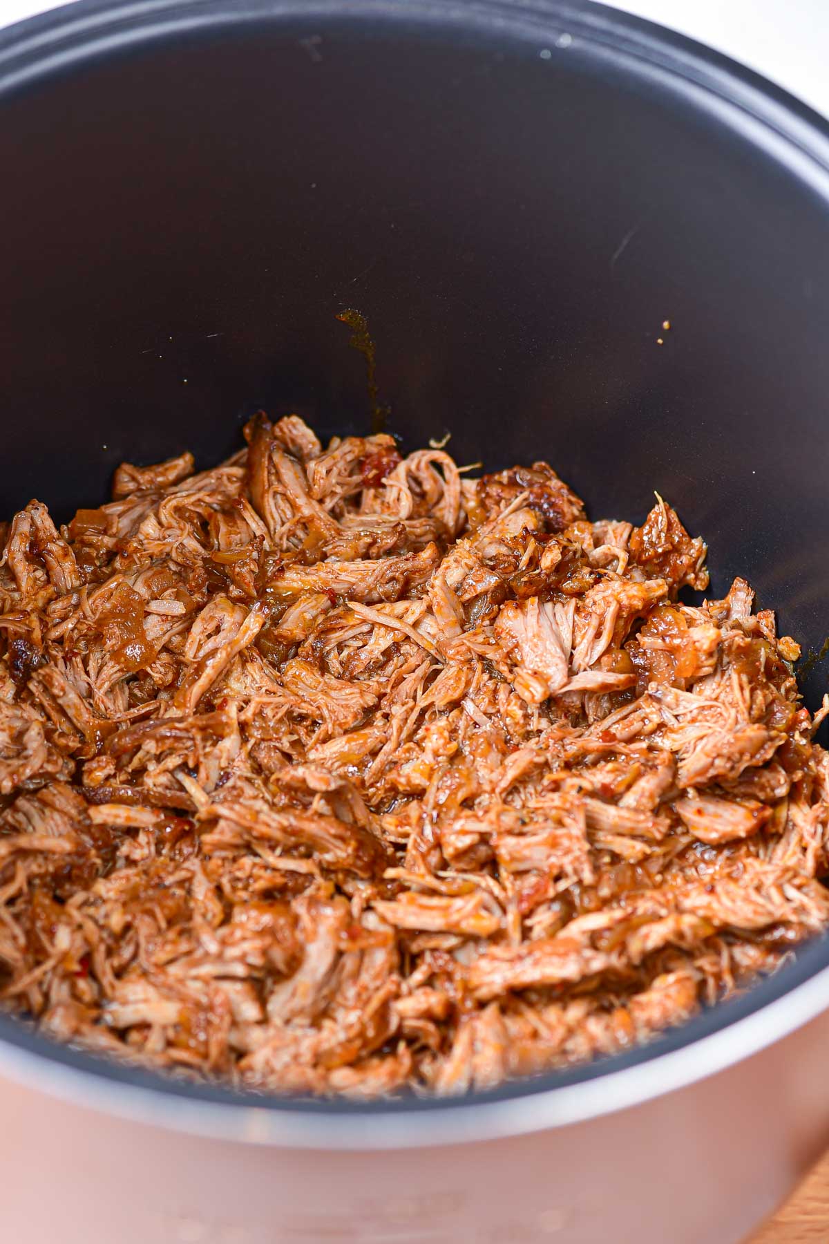 top down view of the shredded dutch oven pulled pork
